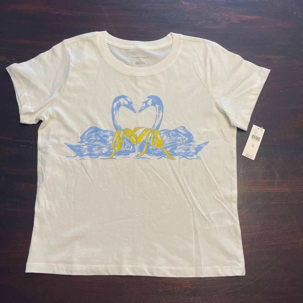 Anthropologie Swan Graphic Tee White Blue Yellow XS OB2376560 NWT